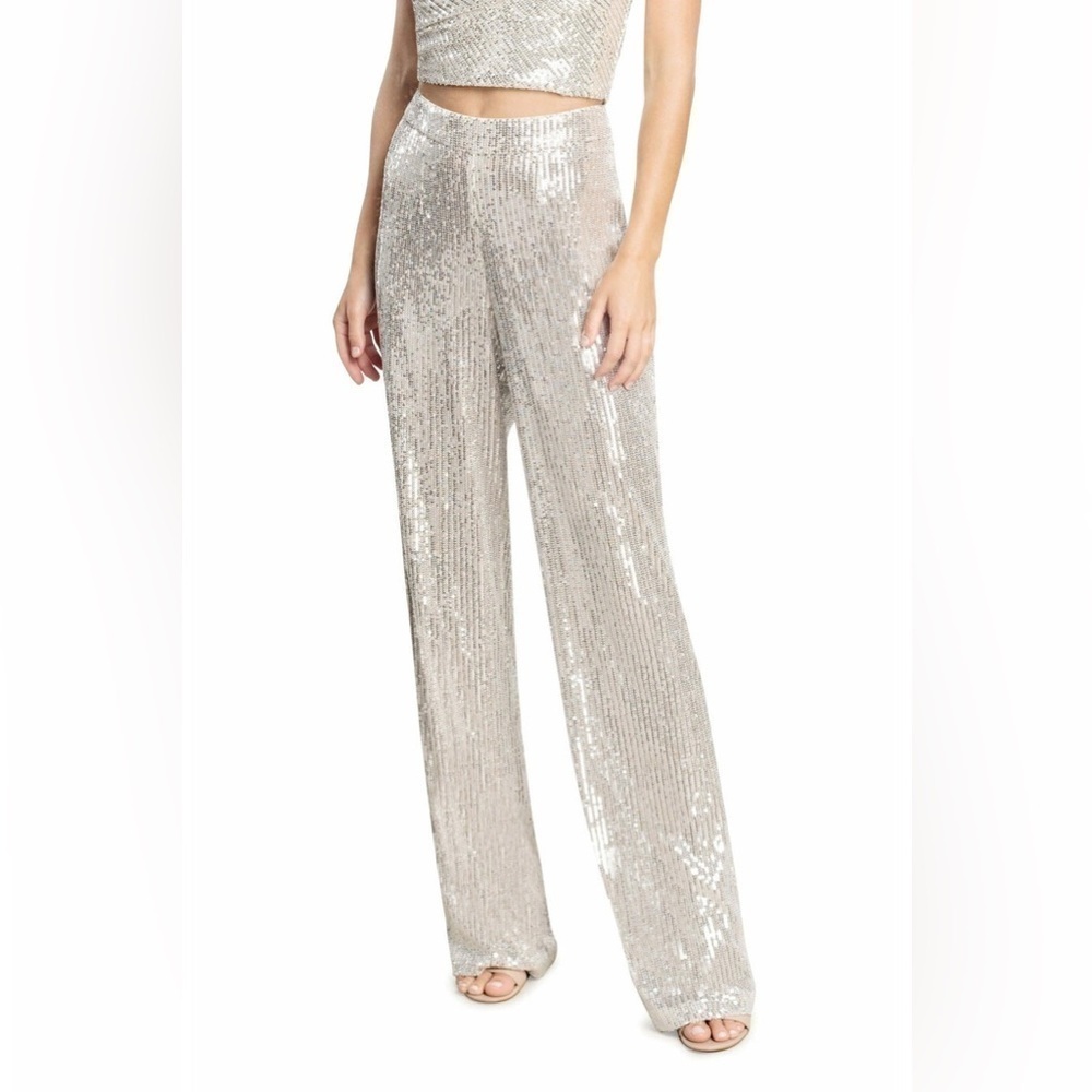 NWT Dress the Population Dina Sequin Pants Silver Size XSmall